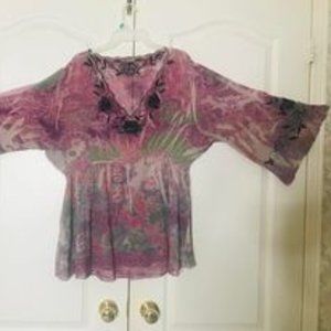 Susan Lawrence Pink Boho sheer top with bell sleeves Size XL